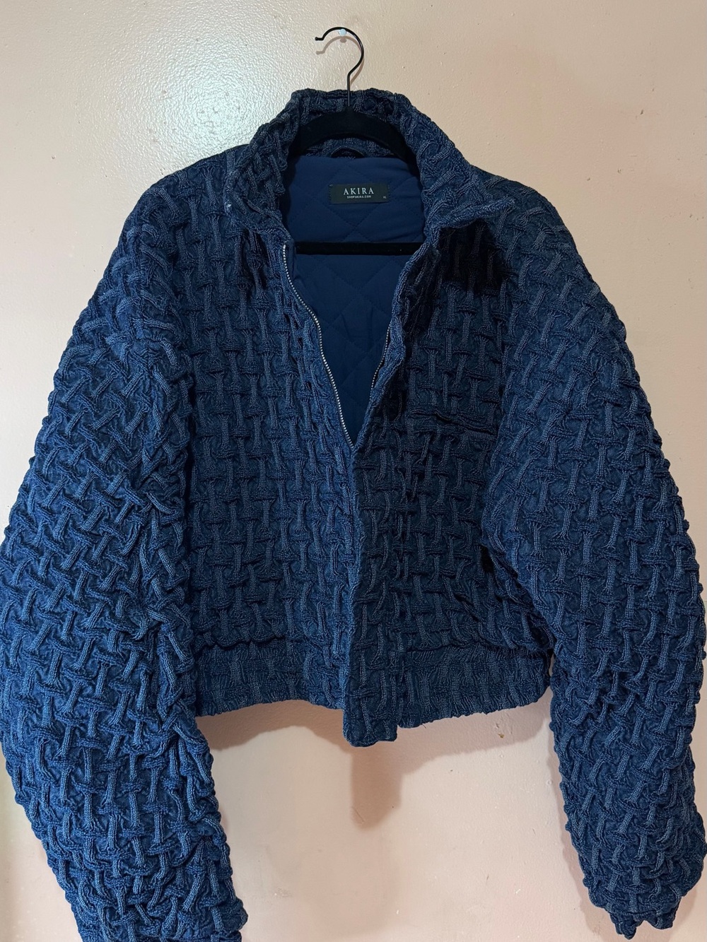 AKIRA Navy Blue Textured Woven Cropped Bomber Jacket — XL